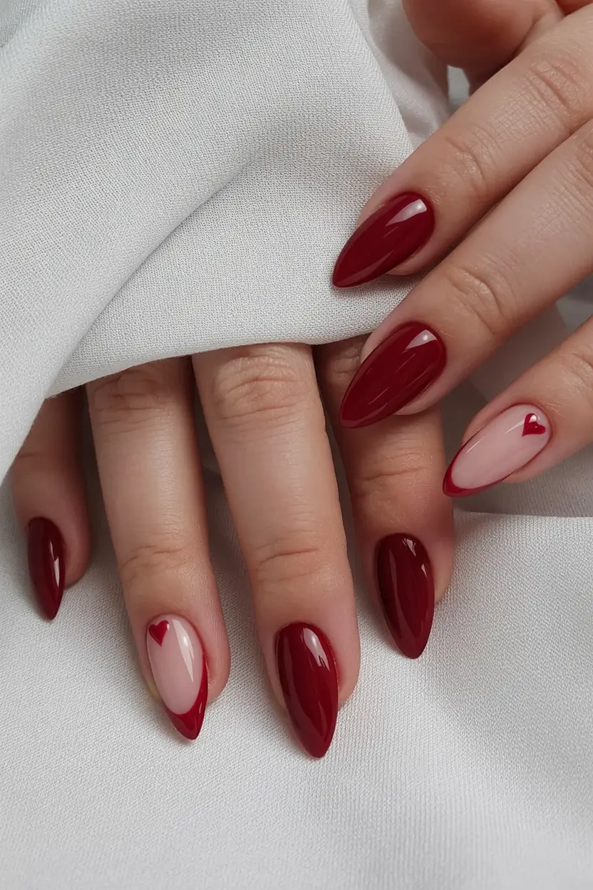 Fall Nail Colors for Medium Skin 2025 – Top Picks Romantic Red Almond with Tiny Hearts