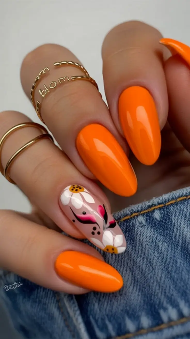 Fall Nail Colors for Medium Skin 2025 – Top Picks Vibrant Orange with Floral Accent