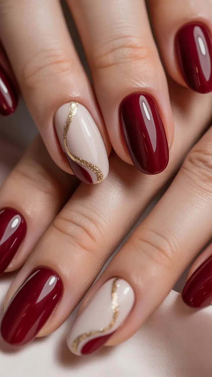 Fall Nail Colors for Medium Skin 2025 – Top Picks Burgundy and Nude with Gold Waves