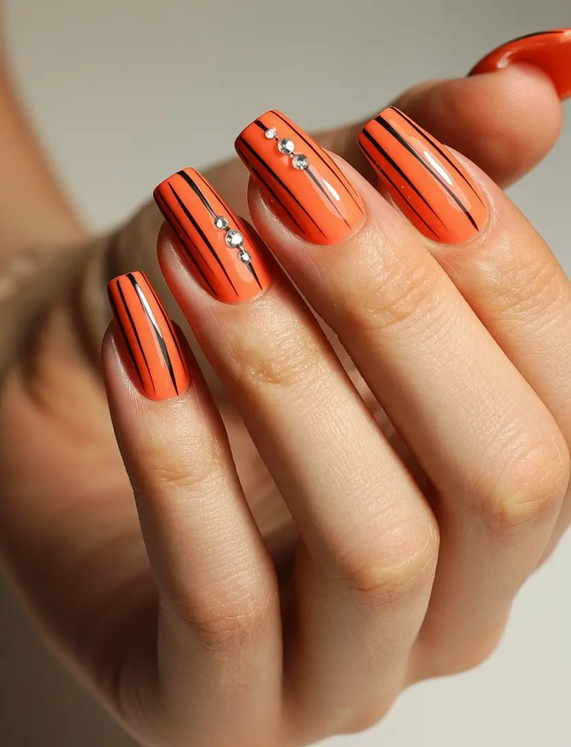 Fall Nail Colors for Medium Skin 2025 – Top Picks Striped Orange with Rhinestones
