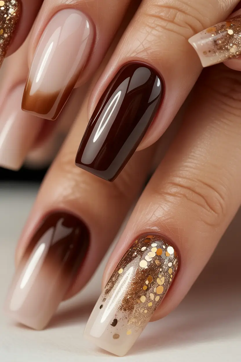 Fall Nail Colors for Medium Skin 2025 – Top Picks Chocolate Brown and Gold Glam Mix