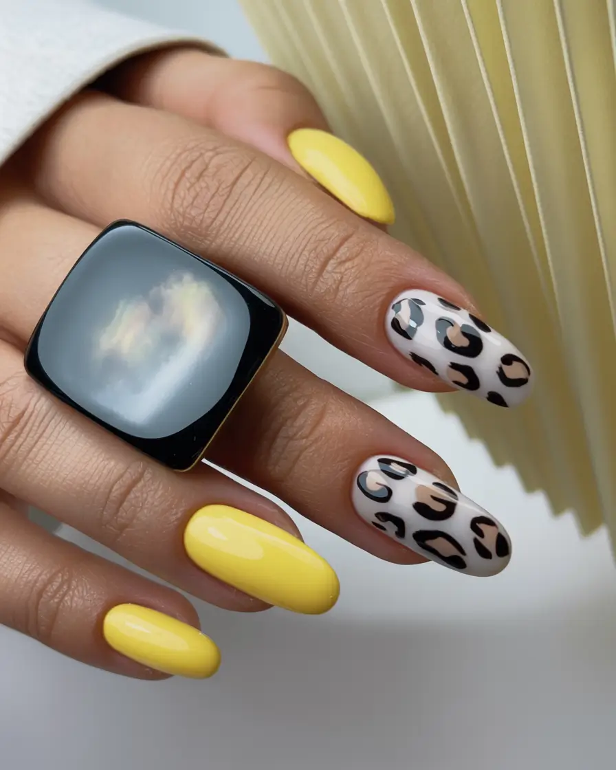 Fall Nail Colors for Medium Skin 2025 – Top Picks Sunny Yellow with Classic Animal Print