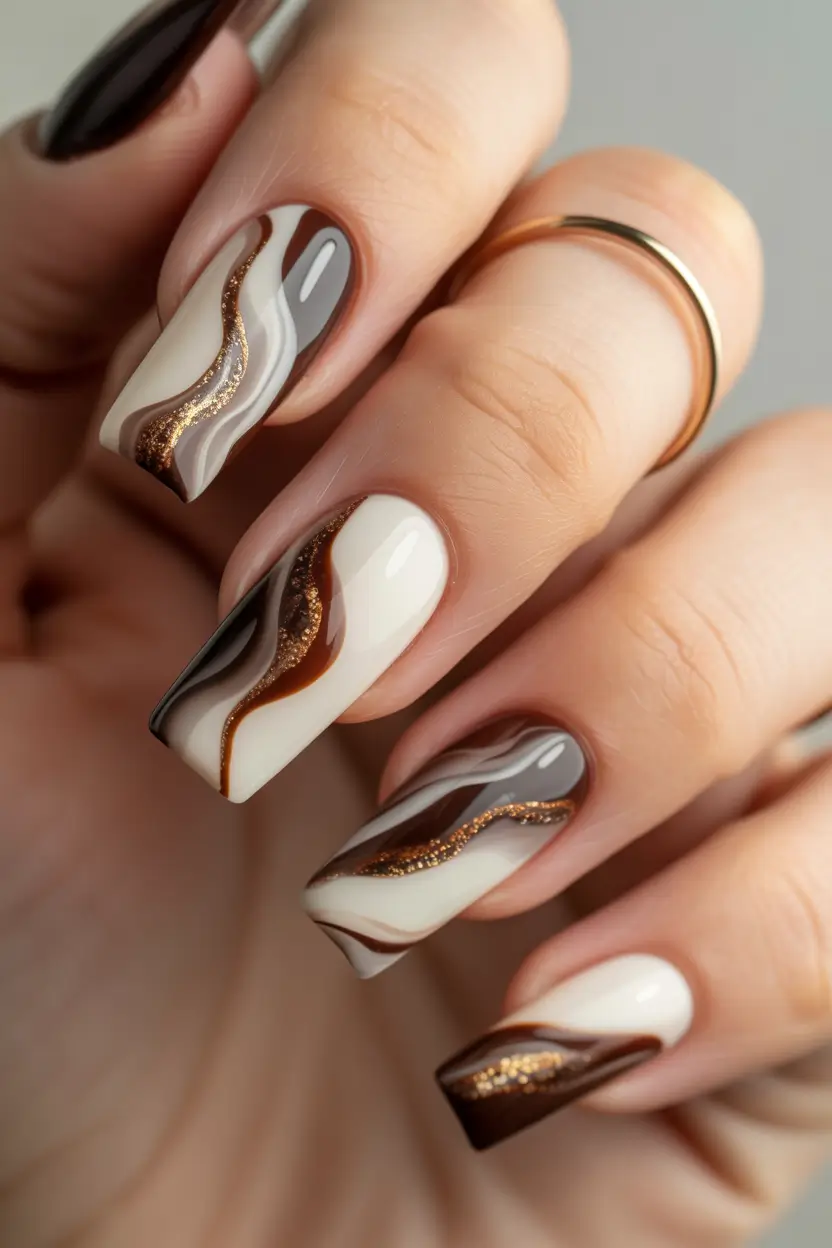 Fall Nail Colors for Medium Skin 2025 – Top Picks Chocolate Swirls with Sparkle