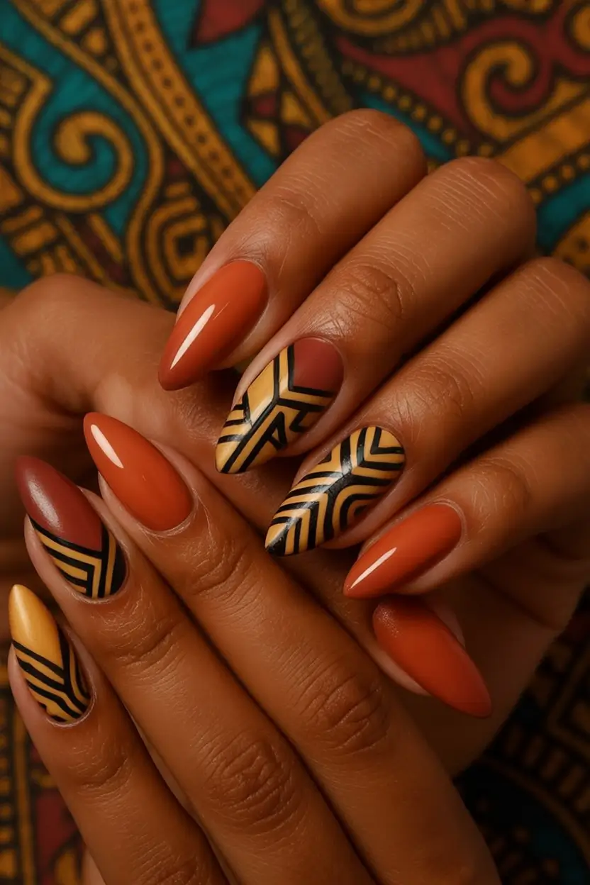 Fall nail designs 2025 Geometric Tribal-Inspired Warmth