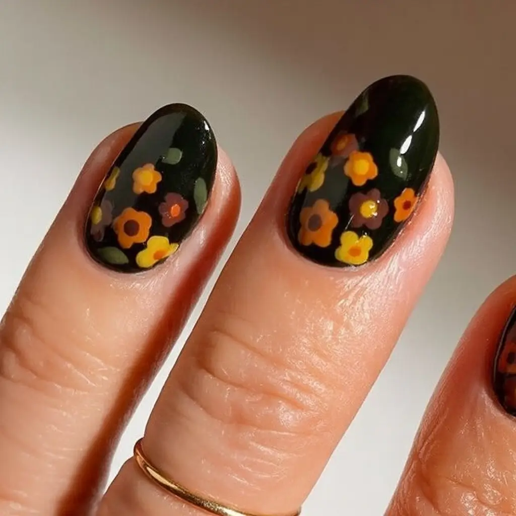 Fall nail designs 2025 Moody Florals on Dark Green