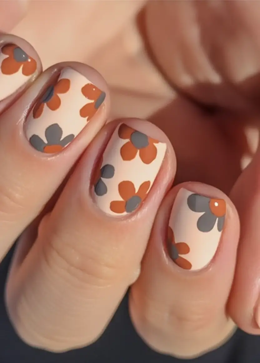 Fall nail designs 2025 Retro Orange and Gray Blooms
