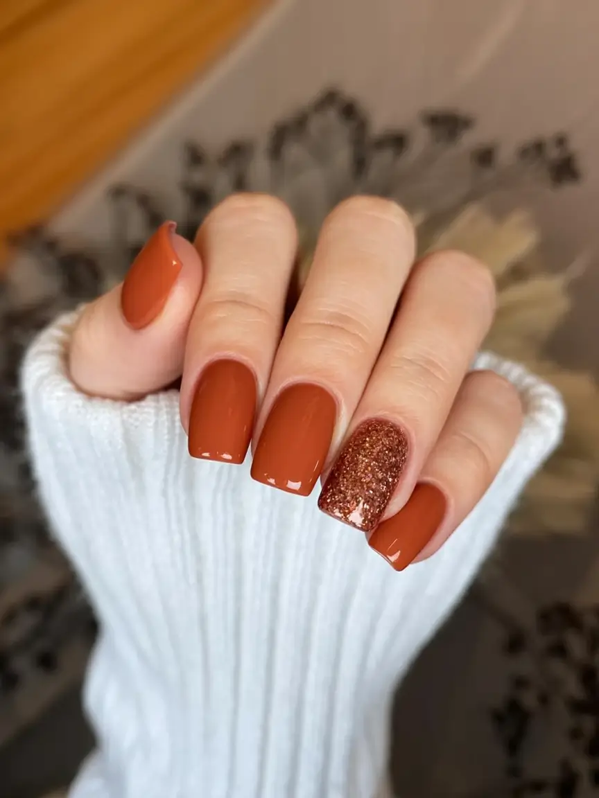 Fall nail designs 2025 Rust and Glitter Accent