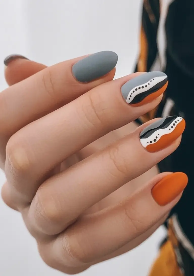 Fall nail designs 2025 Muted Gray and Burnt Orange Waves