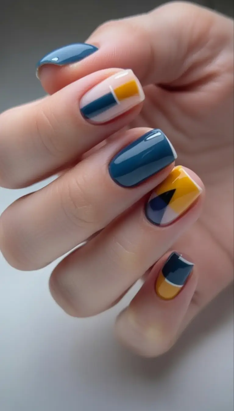 Fall nail designs 2025 Modern Geometric in Blue and Mustard