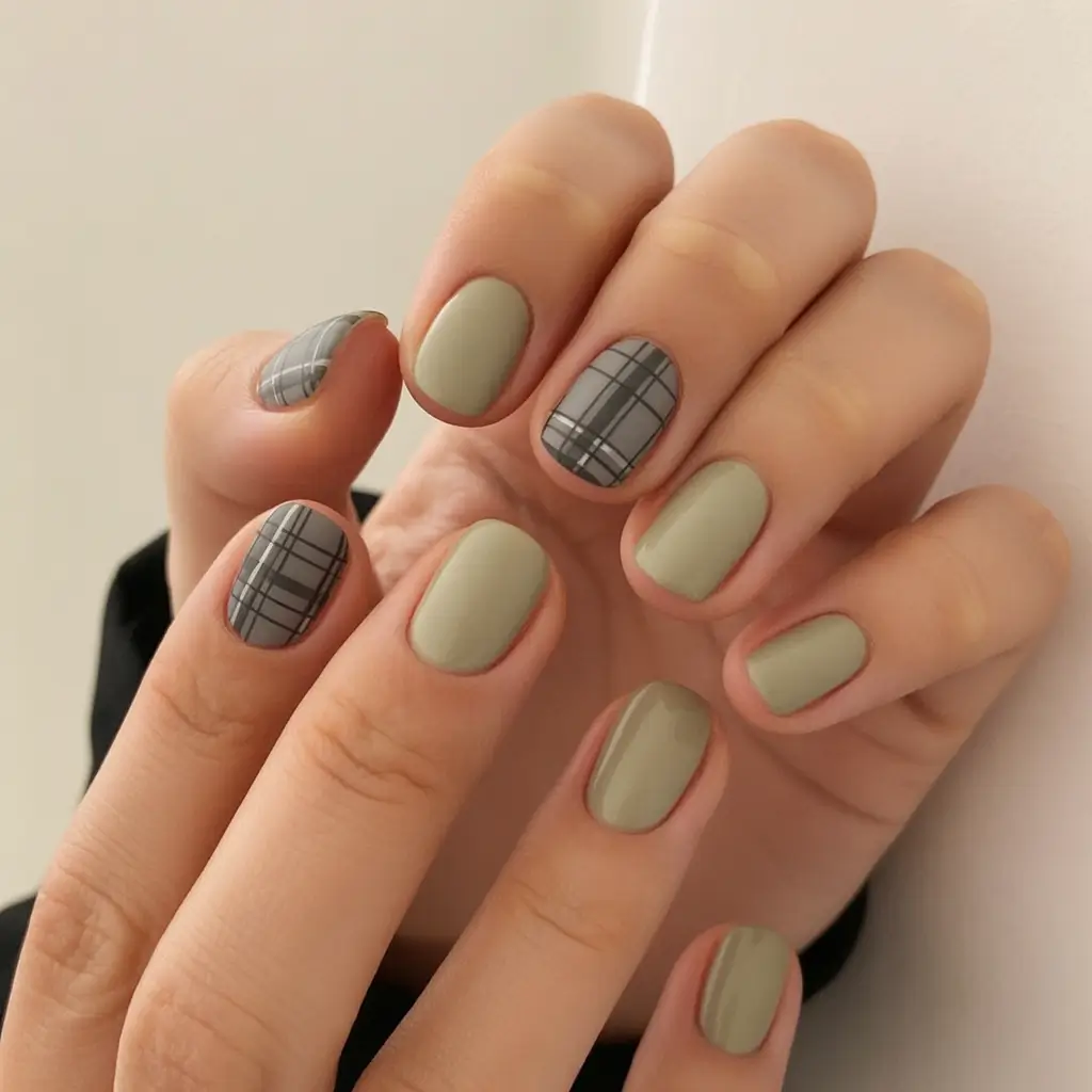 Fall nail designs 2025 Olive and Plaid Accent