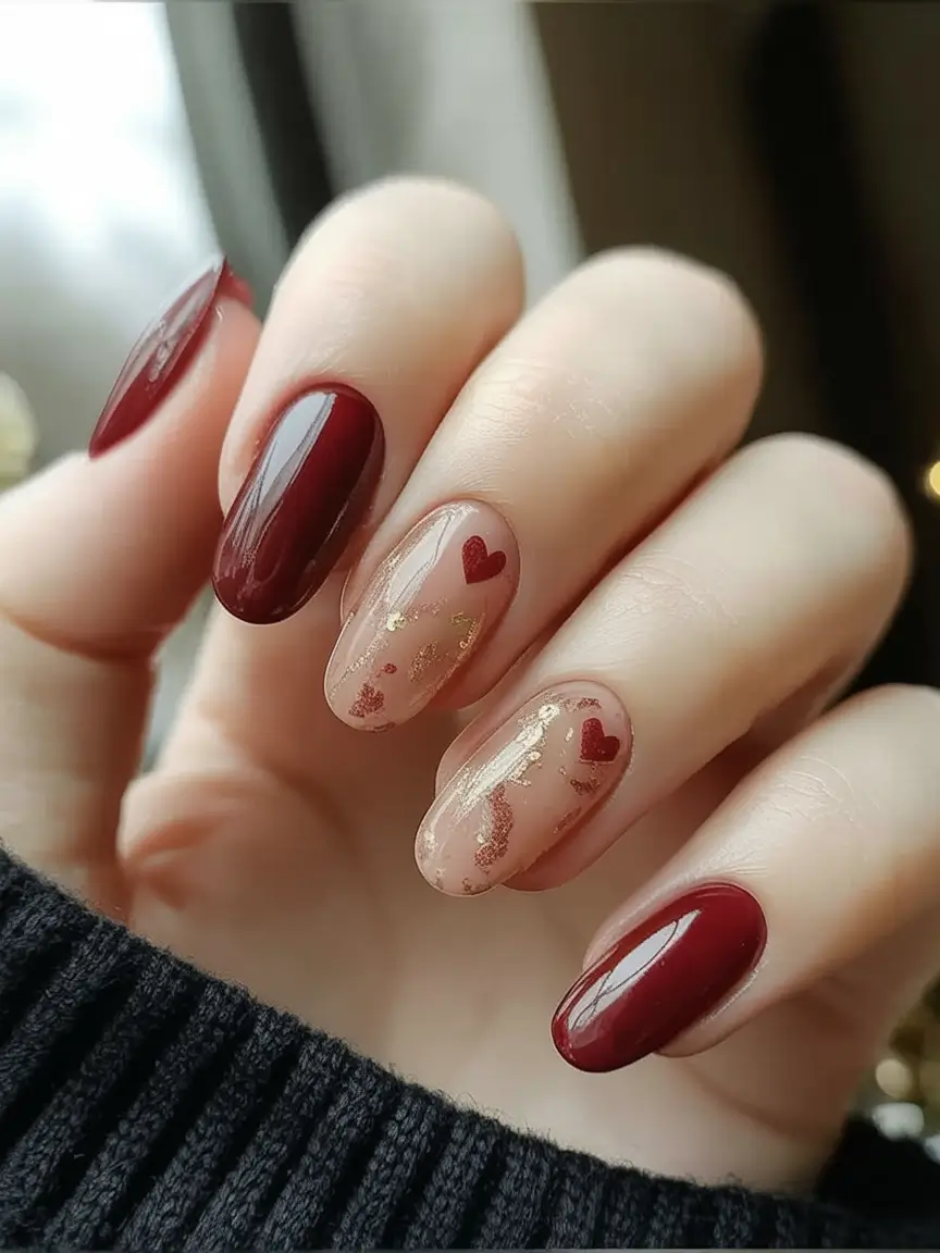 Fall nail designs 2025 Glossy Burgundy with Heart Details