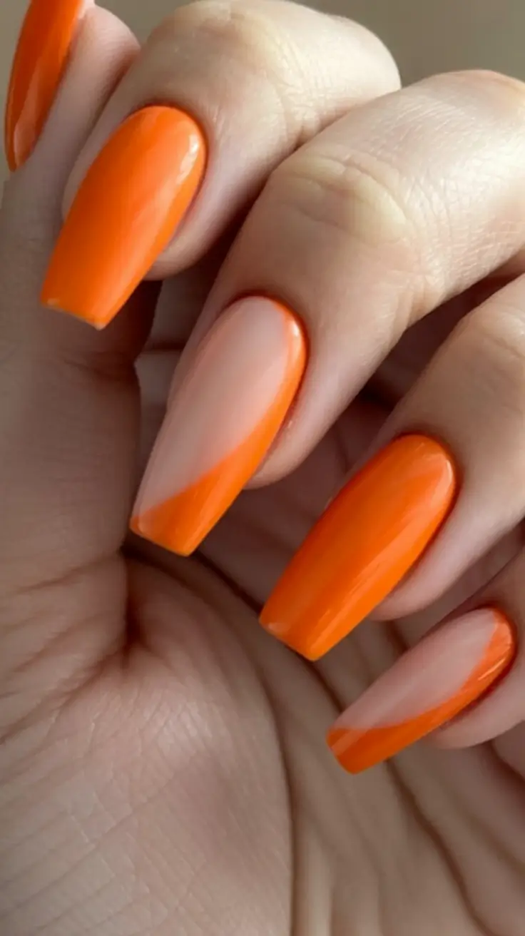 Fall nail designs 2025 Vibrant Orange Slanted Tips
