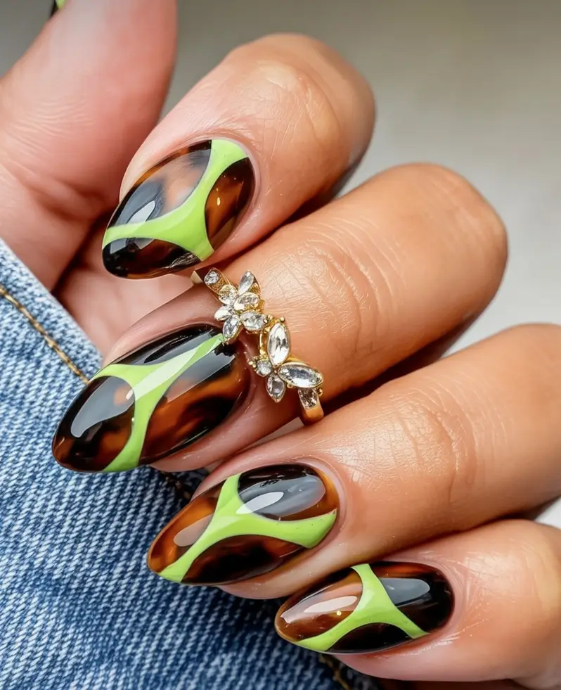 Fall nail designs 2025 Lime Green and Tortoiseshell Fusion
