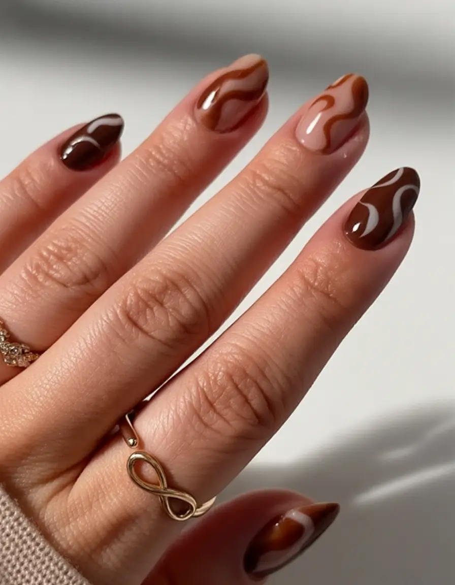 Fall nail designs 2025 Mocha Swirls with Almond Elegance
