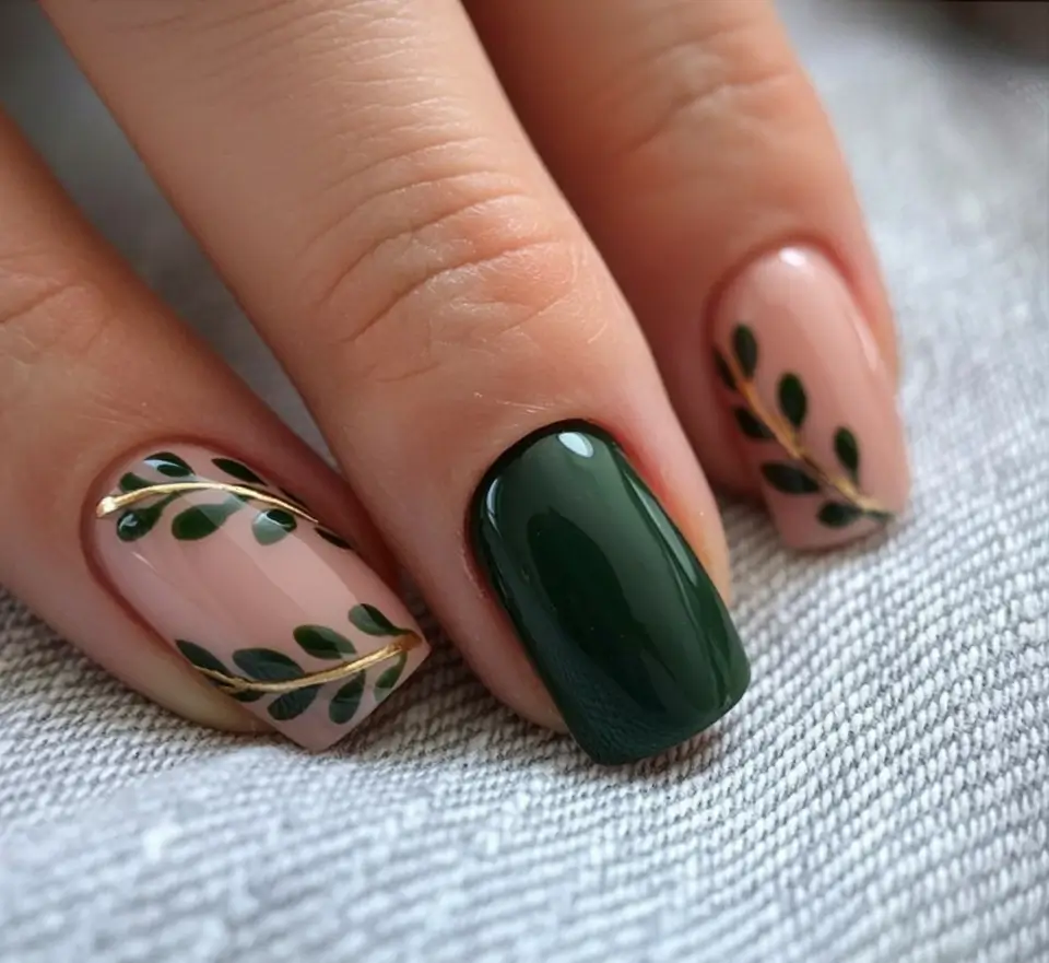 Fall nail designs 2025 Olive Green and Leafy Gold Accents