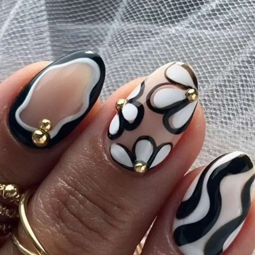 Fall nail designs 2025 Black and White with Golden Studs