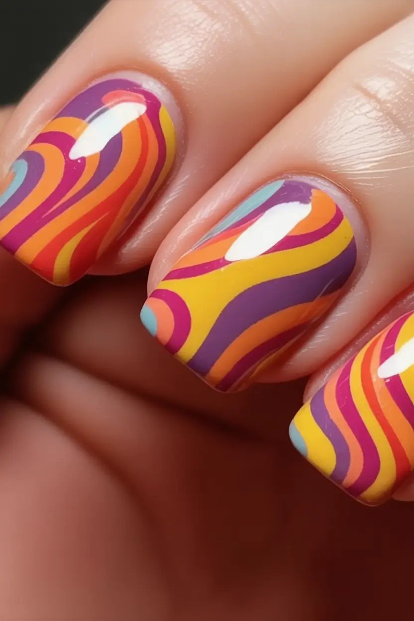 Fall nail designs 2025 Retro Rainbow Swirl