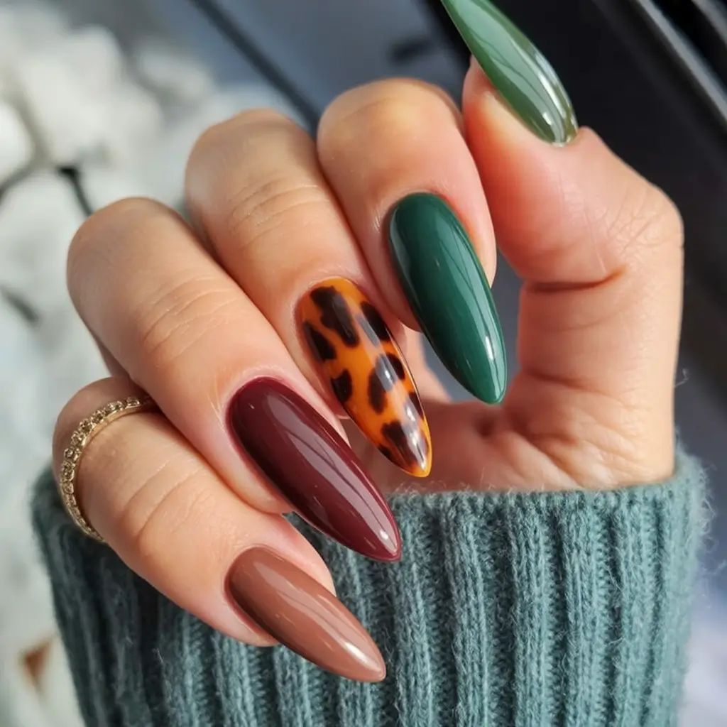 Fall nail designs 2025 Deep Autumn Mix with Tortoiseshell Accent