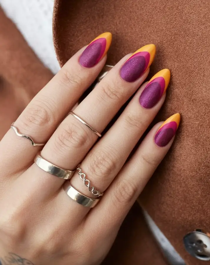 Fall nail designs 2025 Sunset Layered Almonds