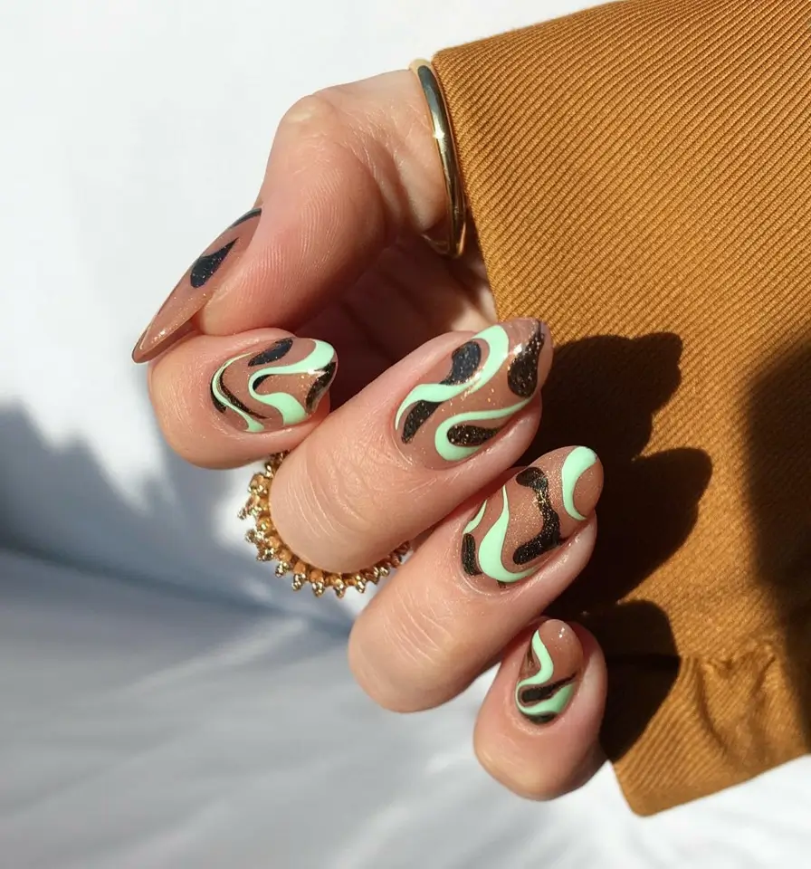 Fall nail designs 2025 Mint and Mocha Abstract Swirls