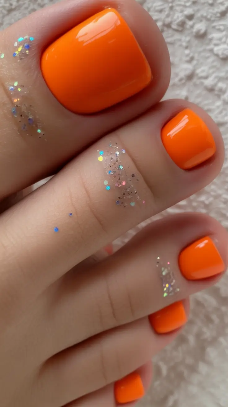 fall pedicure colors 2025 Neon Orange Glow with Glitter