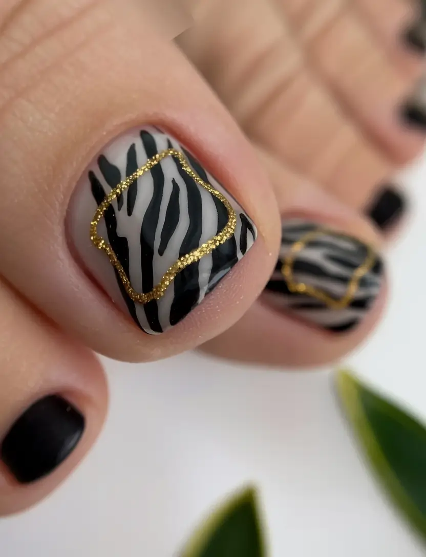 fall pedicure colors 2025 Zebra Luxe with Golden Accents