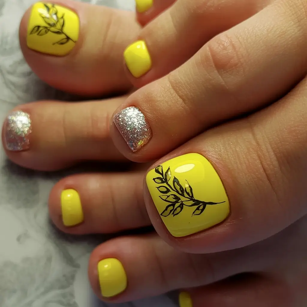 fall pedicure colors 2025 Sunny Yellow Botanical Accent