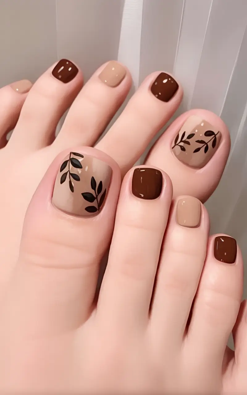 fall pedicure colors 2025 Earthy Neutrals with Botanical Accents