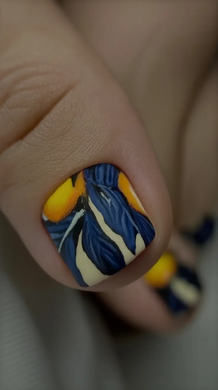 fall pedicure colors 2025 Painterly Blue & Amber Art