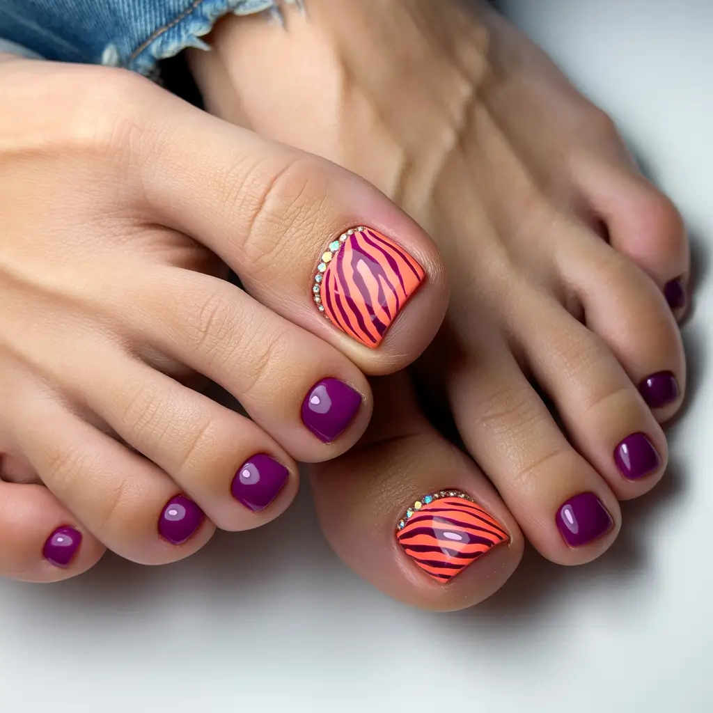 fall pedicure colors 2025 Electric Purple with Zebra Accent