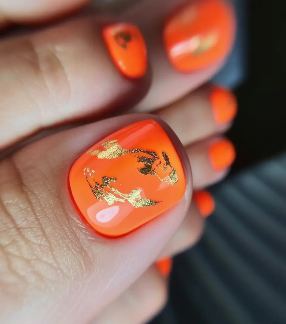 fall pedicure colors 2025 Burnt Orange with Gold Foil