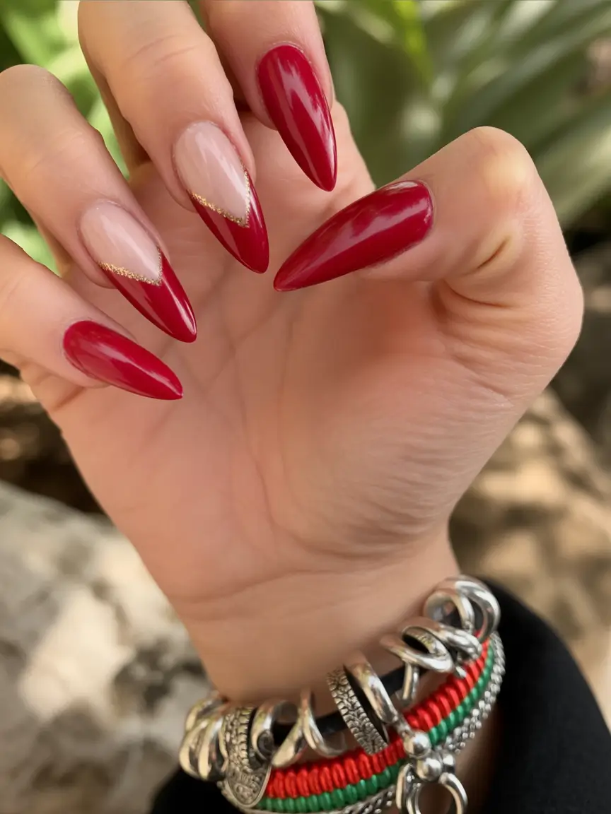 Fall Stiletto Nail Designs 2025 classy red stiletto with golden accent