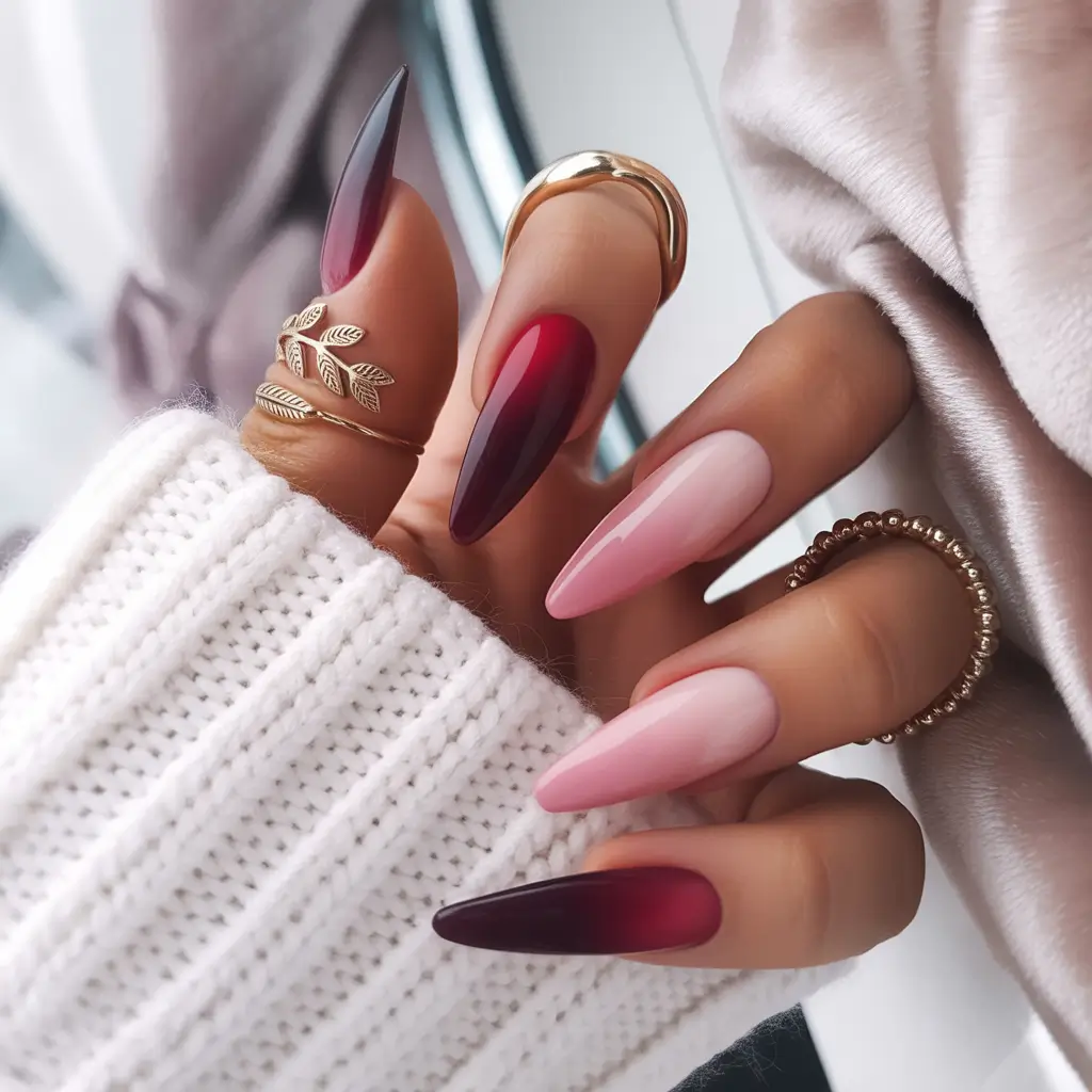 Fall Stiletto Nail Designs 2025 red to pink ombre gradient