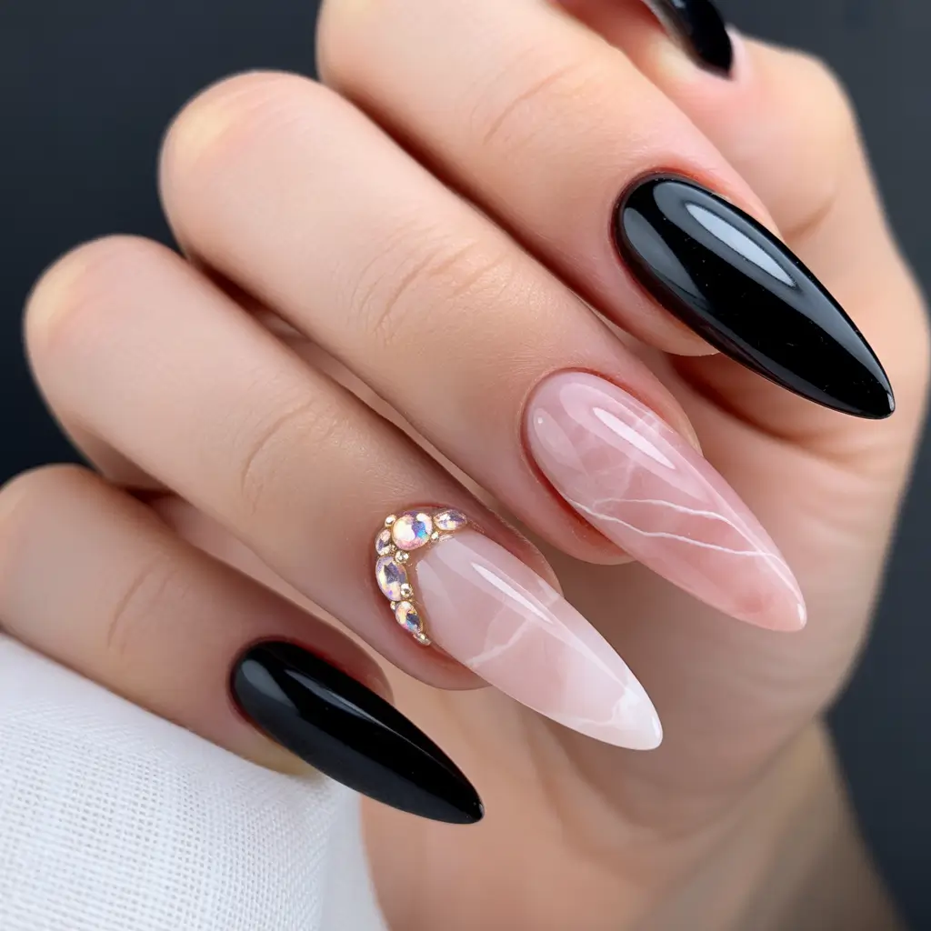 Fall Stiletto Nail Designs 2025 black and blush marble with rhinestones