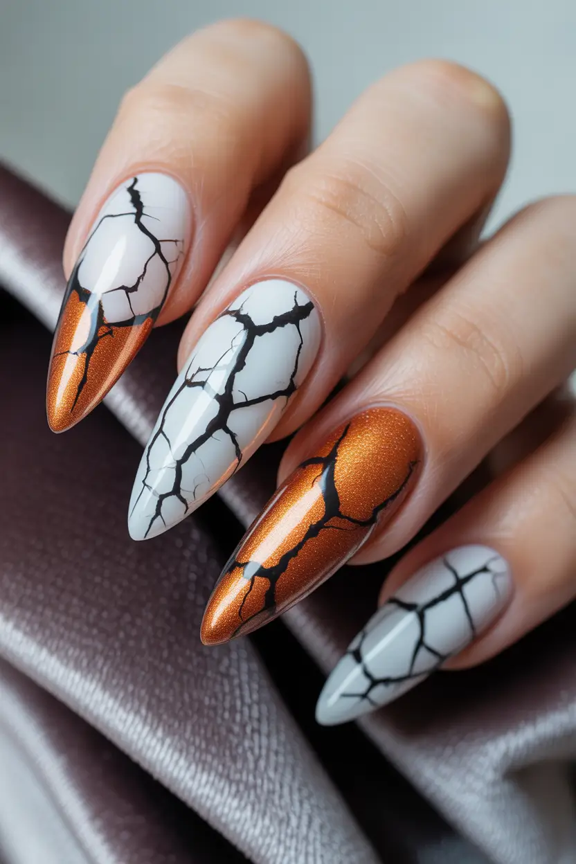 Fall Stiletto Nail Designs 2025 metallic copper and crackle white