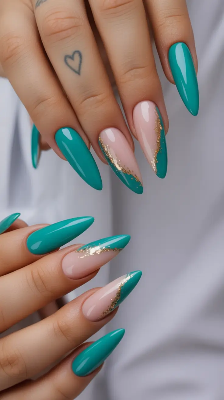 Fall Stiletto Nail Designs 2025 turquoise and gold wave accent