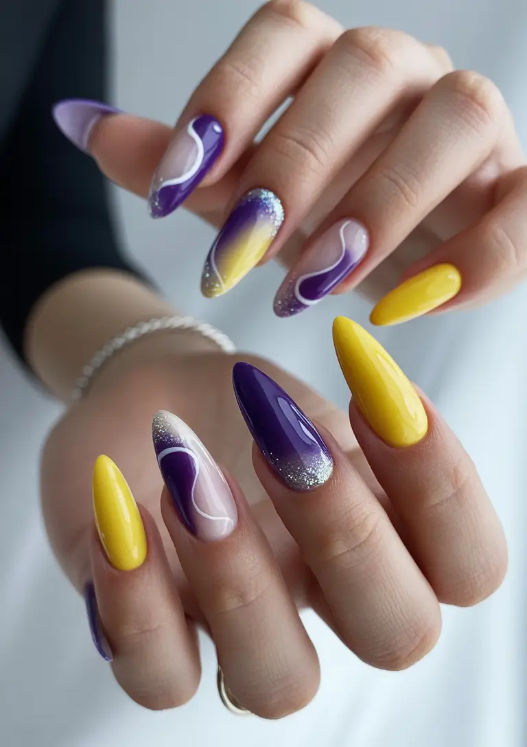 Fall Stiletto Nail Designs 2025 yellow and purple swirl drama