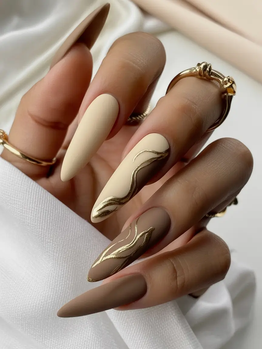 Fall Stiletto Nail Designs 2025 Elegant Nude and Gold Waves