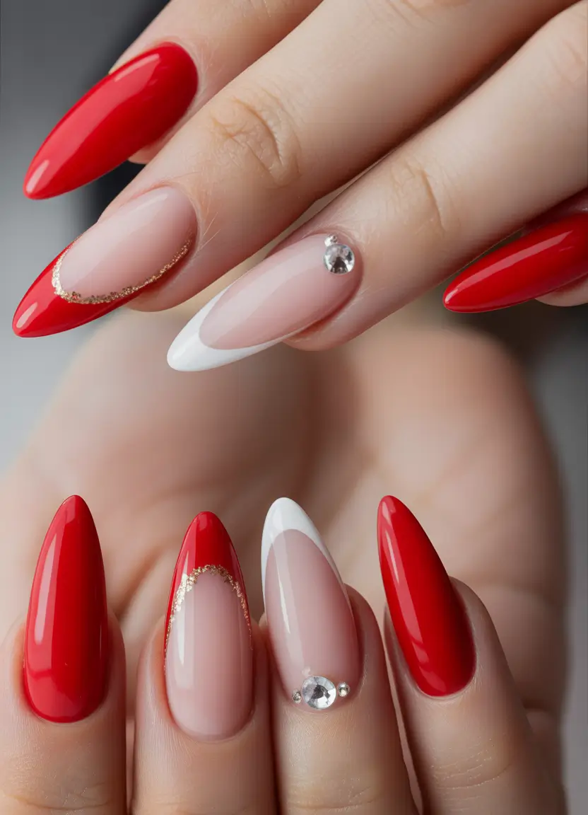 Fall Stiletto Nail Designs 2025 Red Glamour with Crystals