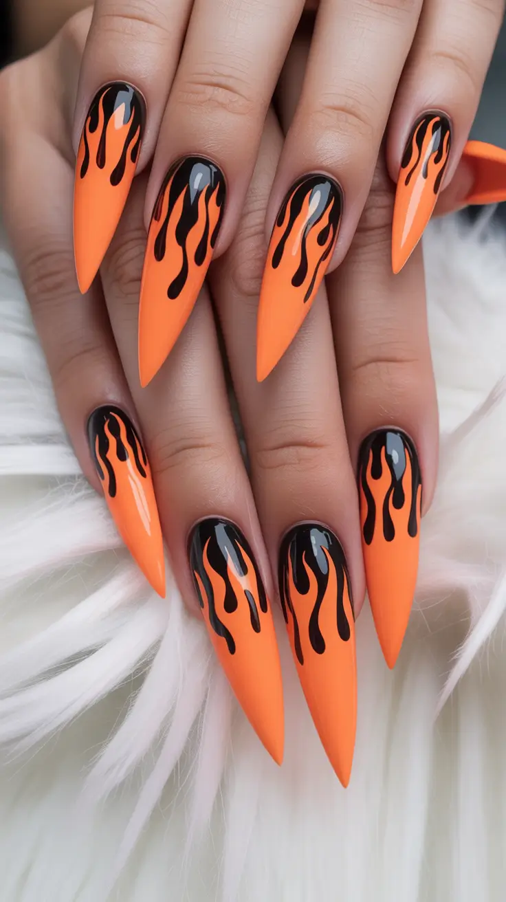 Fall Stiletto Nail Designs 2025 Fiery Orange Flames