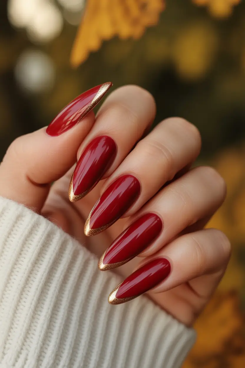 Fall Stiletto Nail Designs 2025 Deep Red with Golden Edges