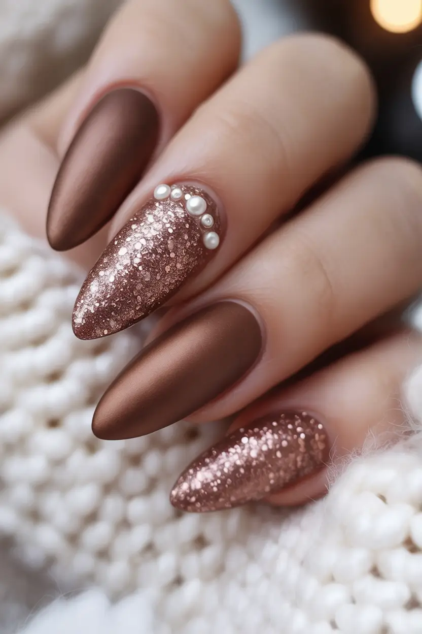 Fall Stiletto Nail Designs 2025 Brown Matte with Glitter and Pearls