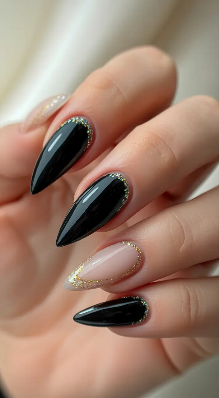 Fall Stiletto Nail Designs 2025 Black Gloss with Sparkling Outlines
