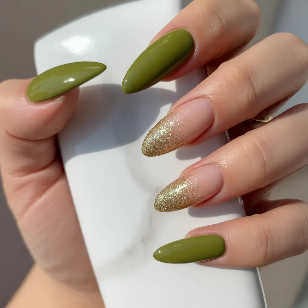 Fall Stiletto Nail Designs 2025 Olive Green with Golden Fade