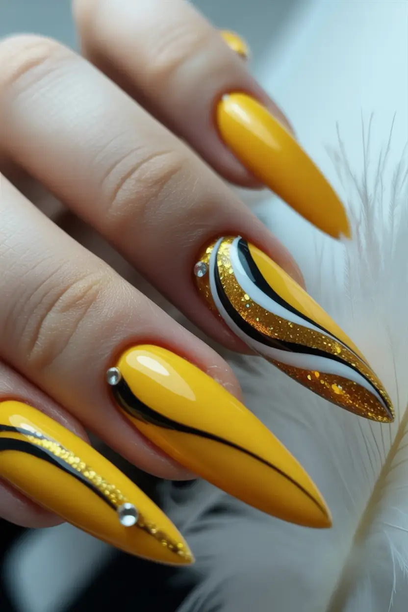 Fall Stiletto Nail Designs 2025 Golden Yellow Swirls with Rhinestones
