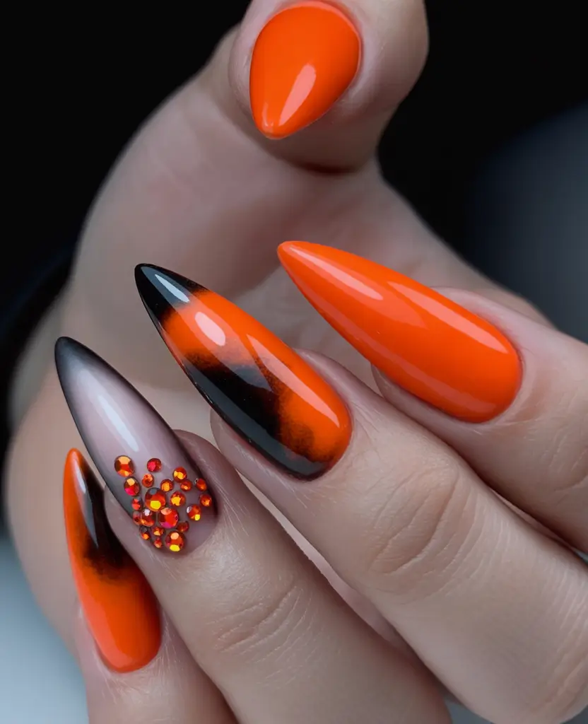 Fall Stiletto Nail Designs 2025 Bold Orange and Black Gradient