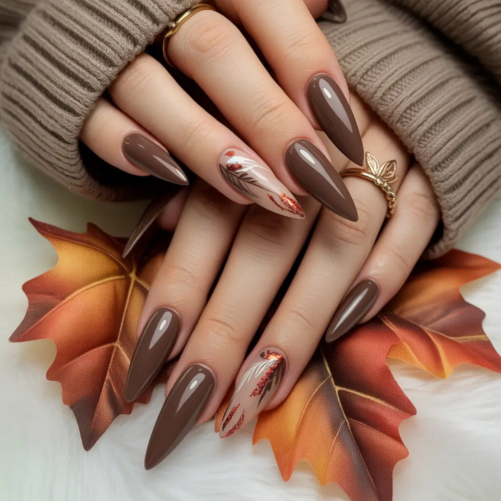 Fall Stiletto Nail Designs 2025 Chocolate Brown with Autumn Leaves