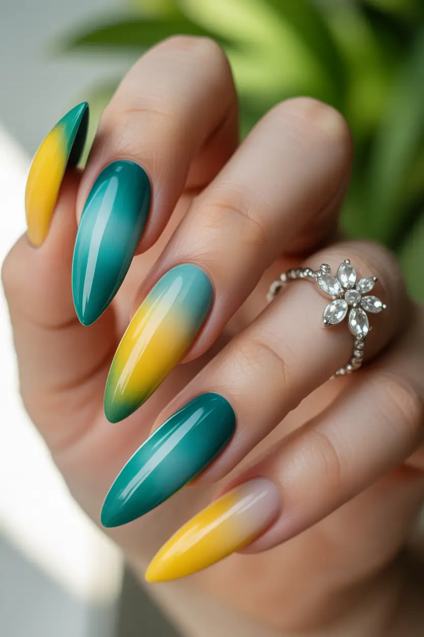 Fall Stiletto Nail Designs 2025 Green and Yellow Ombre Glow
