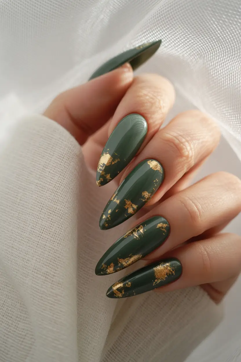 Fall Stiletto Nail Designs 2025 Forest Green with Gold Foil