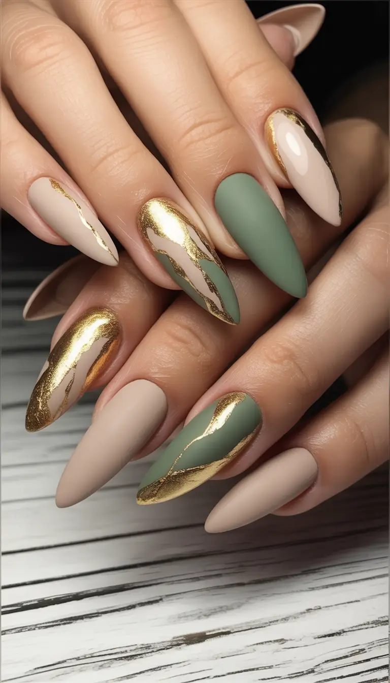 Fall Stiletto Nail Designs 2025 Neutral Matte with Gold Accents
